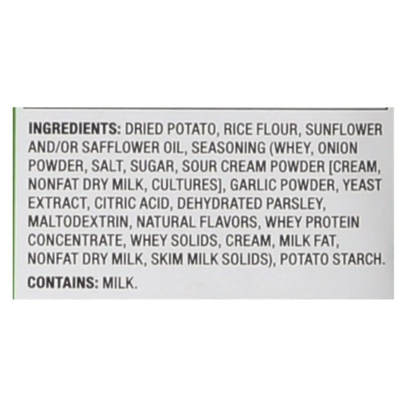 Ingredients list for a savory dried potato product, featuring rice flour, seasonings, and various dairy components.