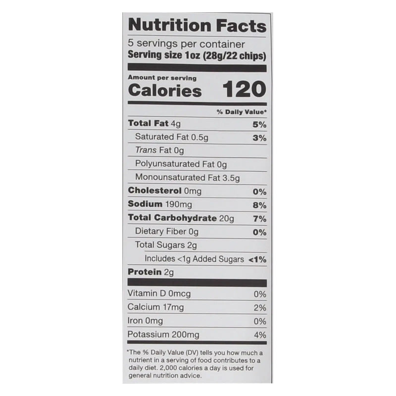 Nutritional label for snack chips, highlighting calories, fats, carbohydrates, and protein content.
