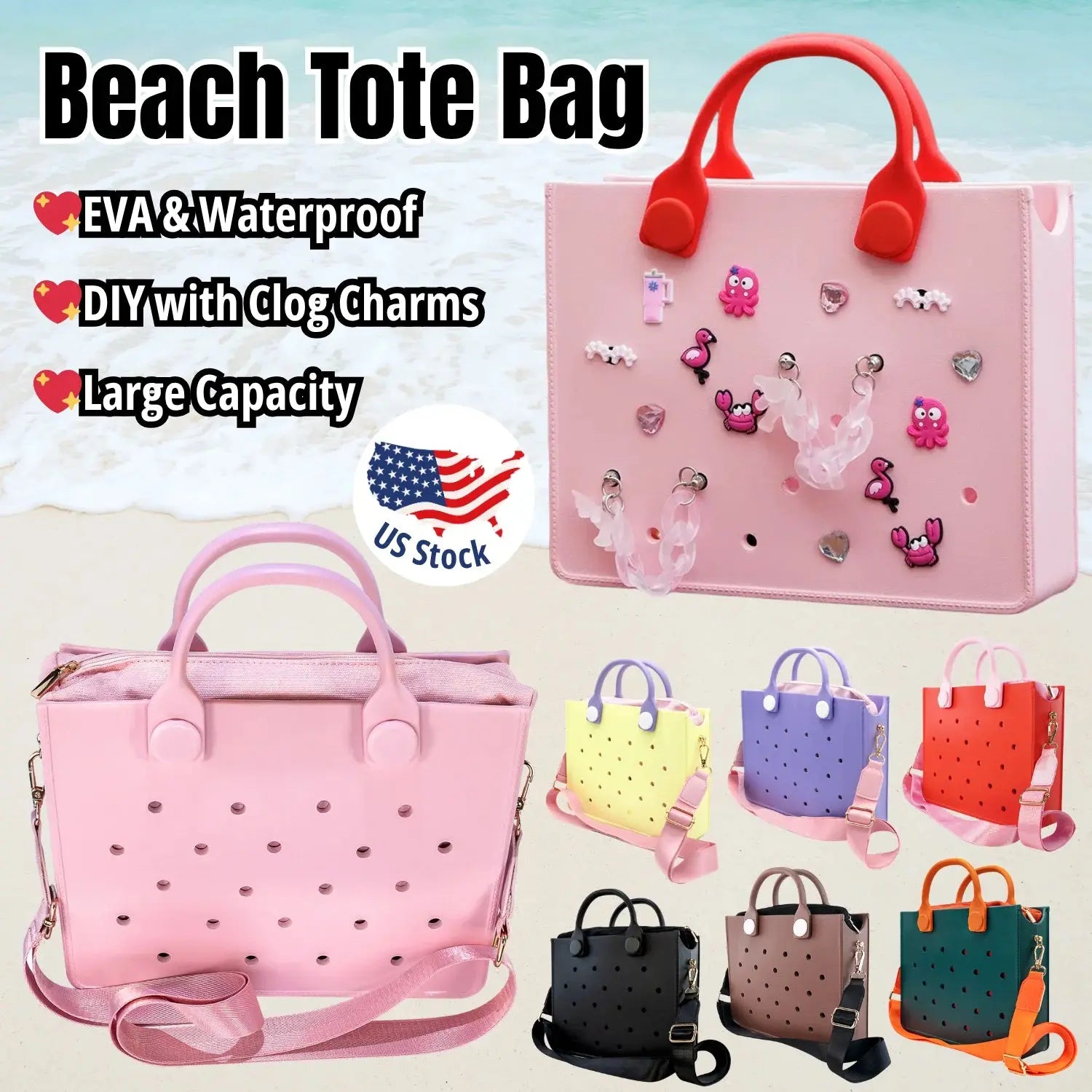 Portable EVA Beach Tote for Women Handbags Punch Holes for Clog Charms Durable Waterproof Bag for Shoe Charm Beach Bag Handbags GreatEagleInc