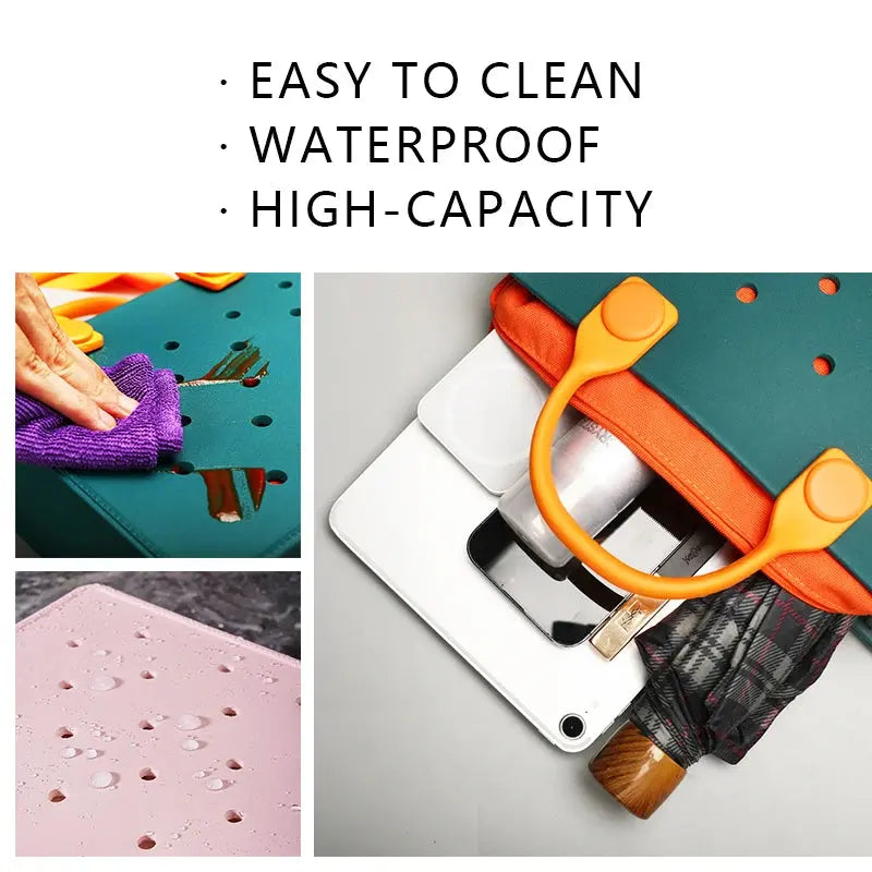 Portable EVA Beach Tote for Women Handbags Punch Holes for Clog Charms Durable Waterproof Bag for Shoe Charm Beach Bag Handbags GreatEagleInc