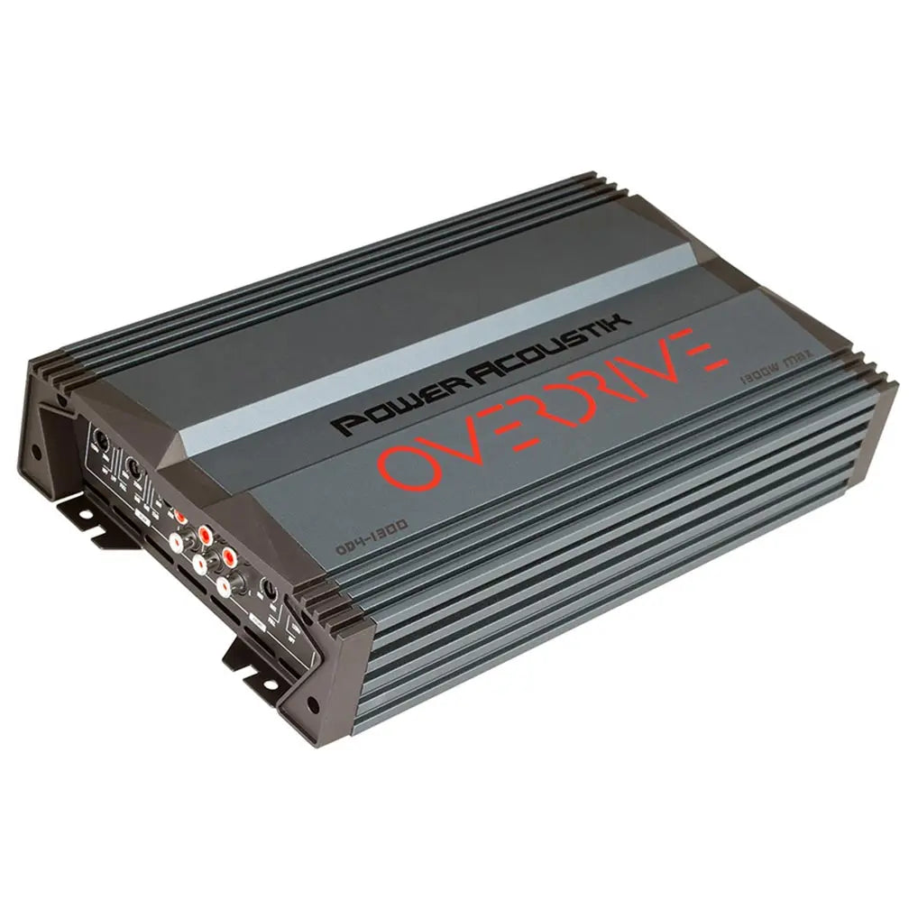 Power Acoustik Overdrive car amplifier, sleek gray casing, durable metal, enhanced audio performance for vehicles.