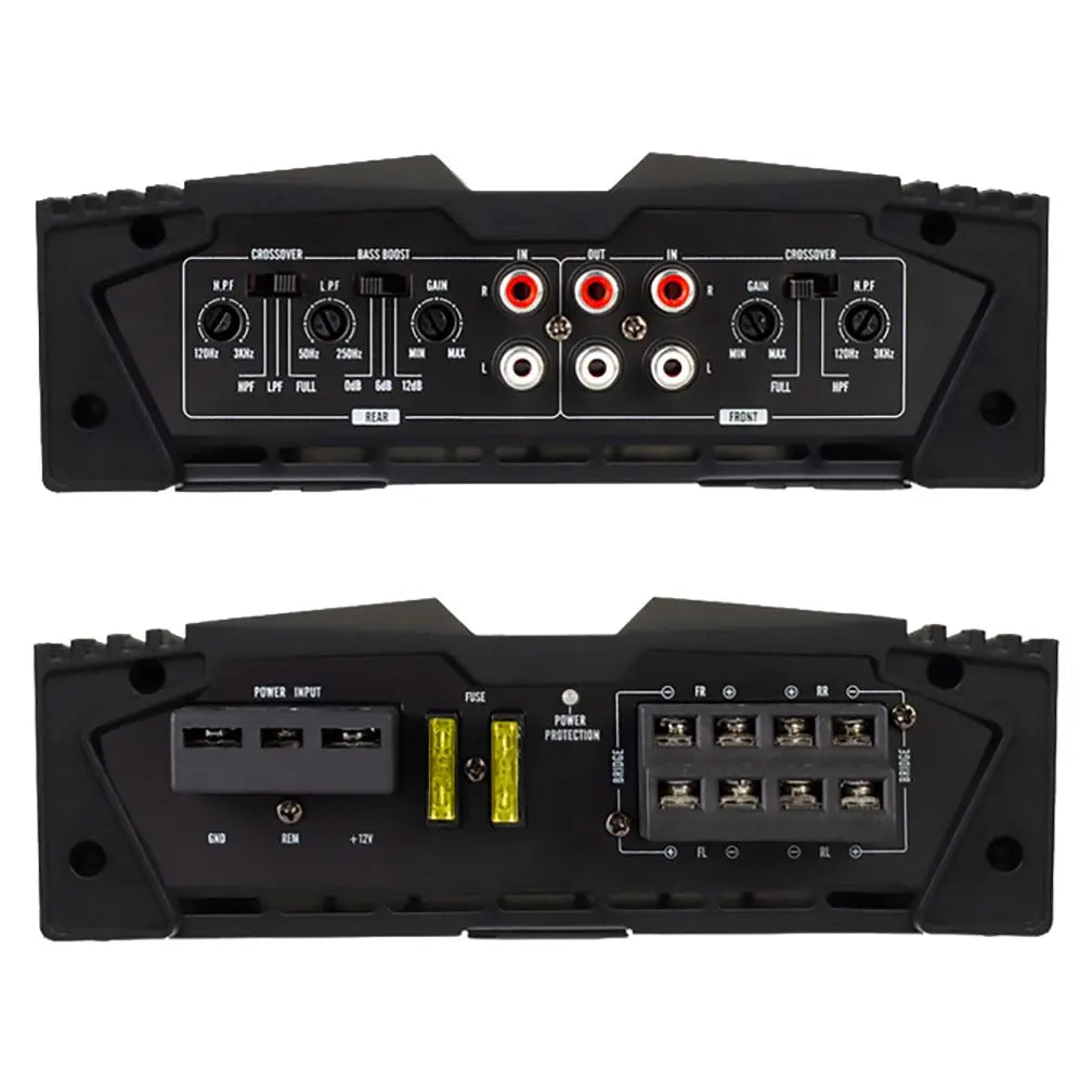 Black car audio amplifier with adjustable crossover, bass boost, RCA outputs, and sturdy power connections.