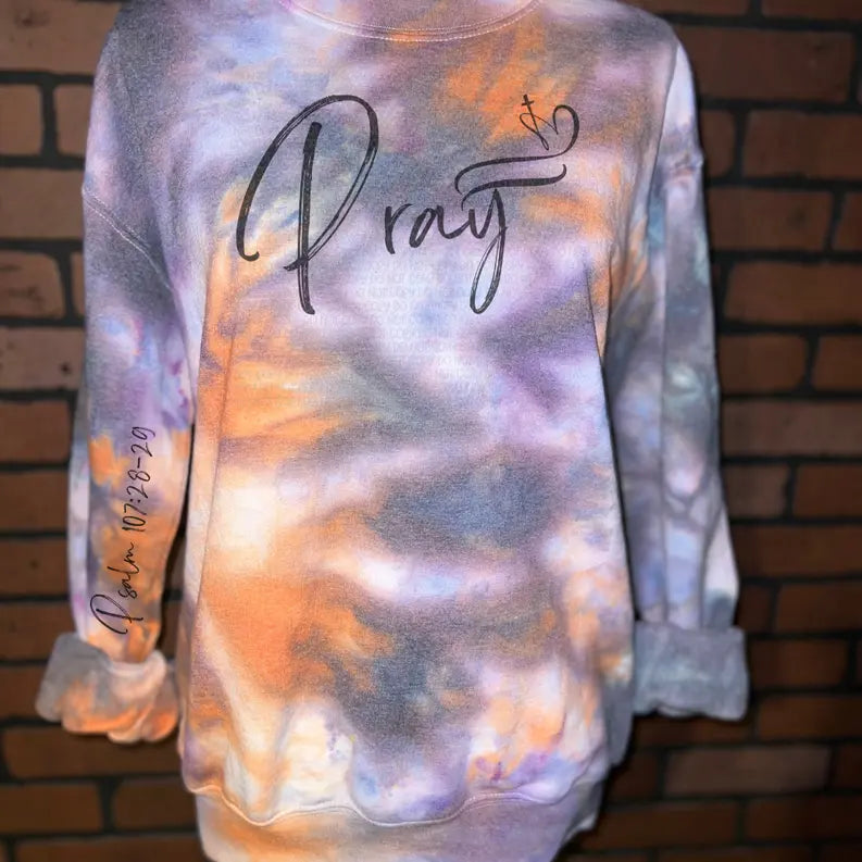 Pray Sanderson Tie Dye Sweatshirt with Bible Verse on Sleeve The Blended Owl