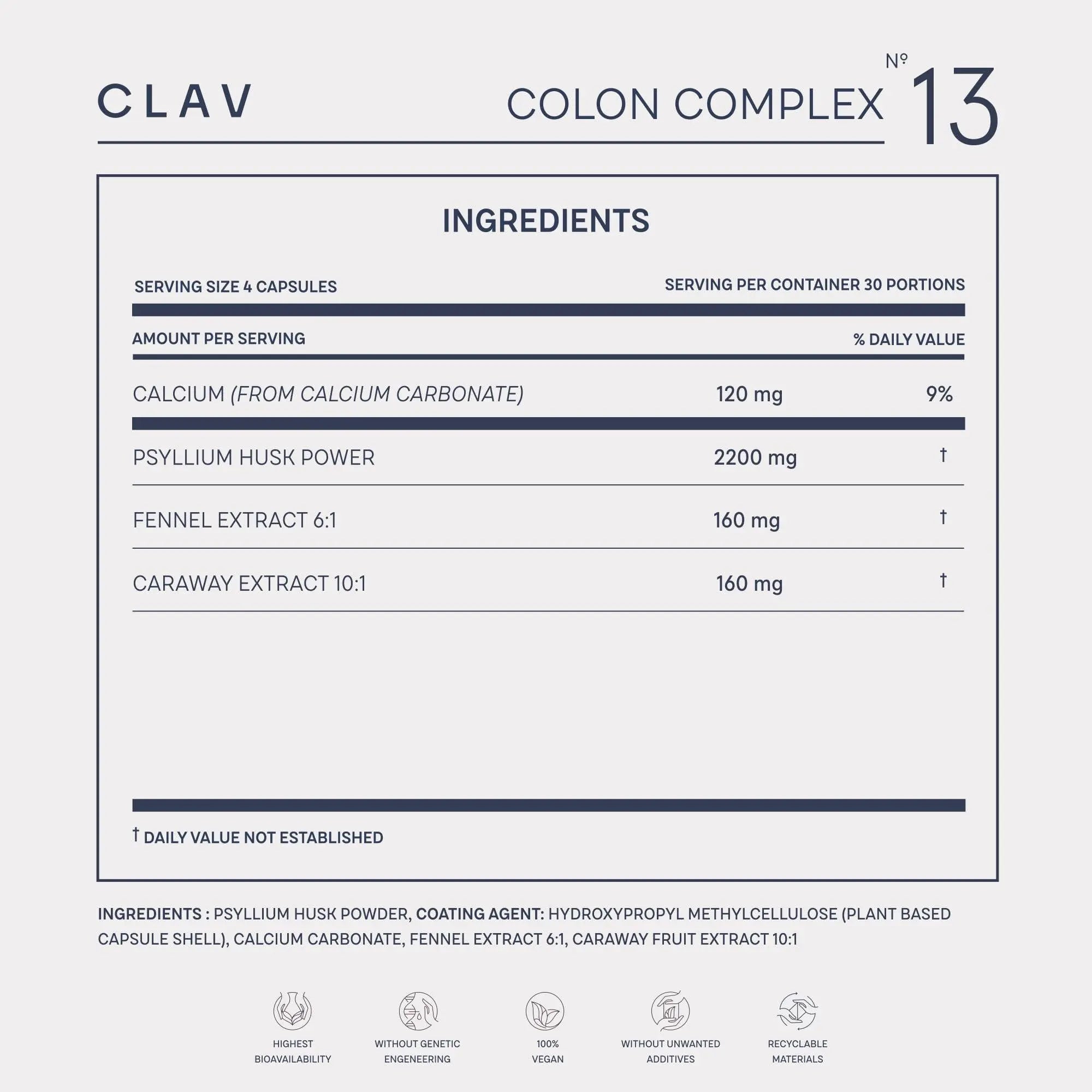 Psyllium Husks Capsules   2200mg Soluble Fiber Supplement per Serving   Colon Complex with Fennel Caraway Extract & Calcium   120 Vegan Capsules   Made in Germany Clav