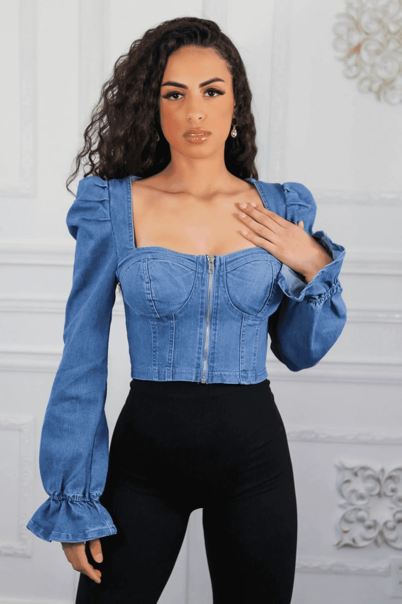 Puff Sleeves Front Zippe Denim Top SurelyMine
