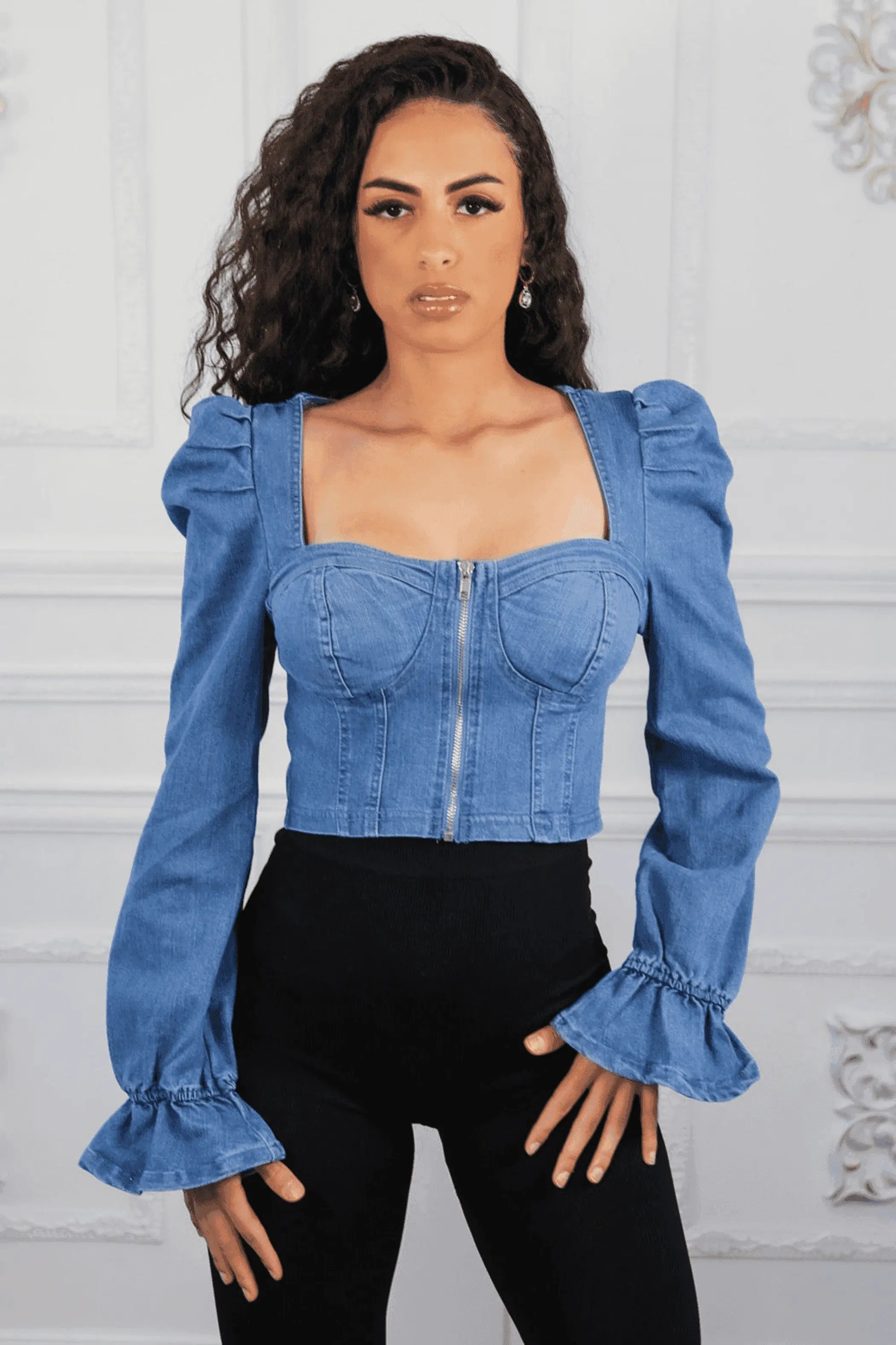Puff Sleeves Front Zippe Denim Top SurelyMine