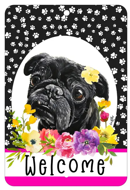 Pug Black - HHS Paw Prints Welcome Indoor/Outdoor Aluminum Sign Best of Breed
