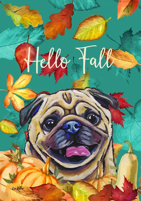 Pug Fawn - Hippie Hound Studios Fall Leaves  House and Garden Flags Best of Breed