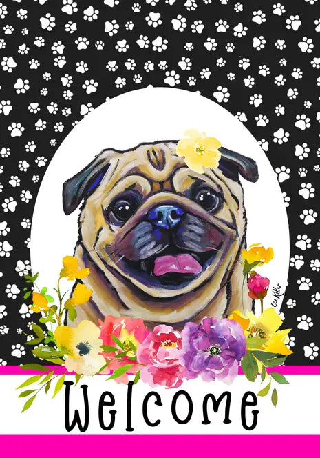 Pug Fawn - Hippie Hound Studios Paw Prints  House and Garden Flags Best of Breed