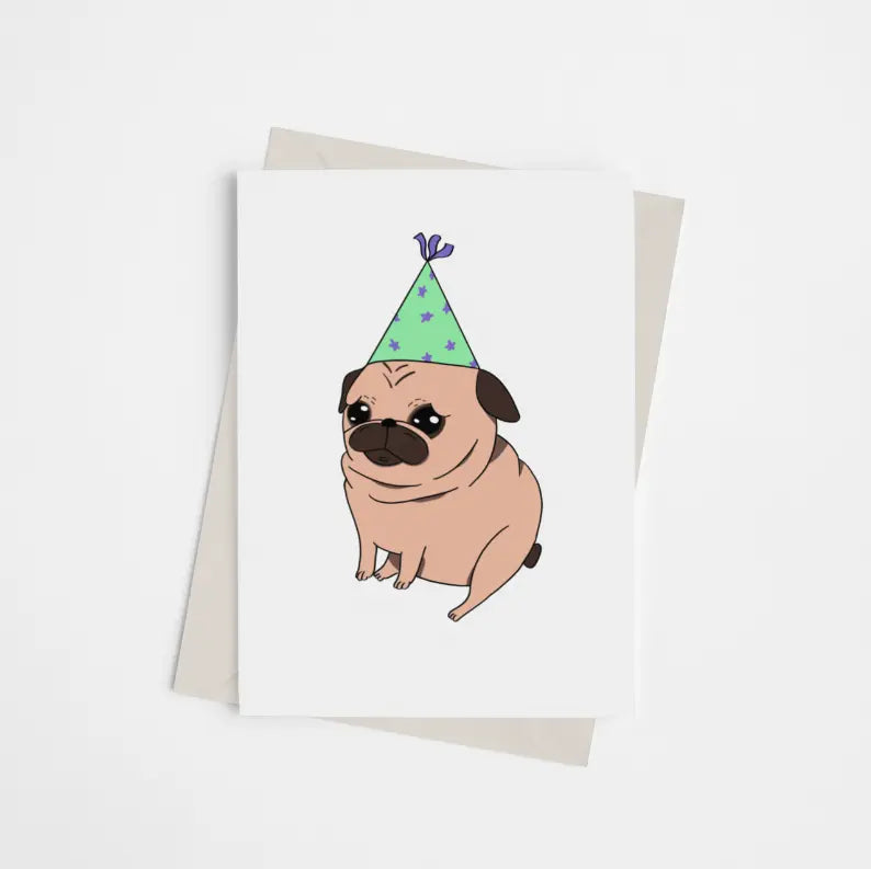 Pug with Party Hat - Greeting Card Black Cat Bazaar