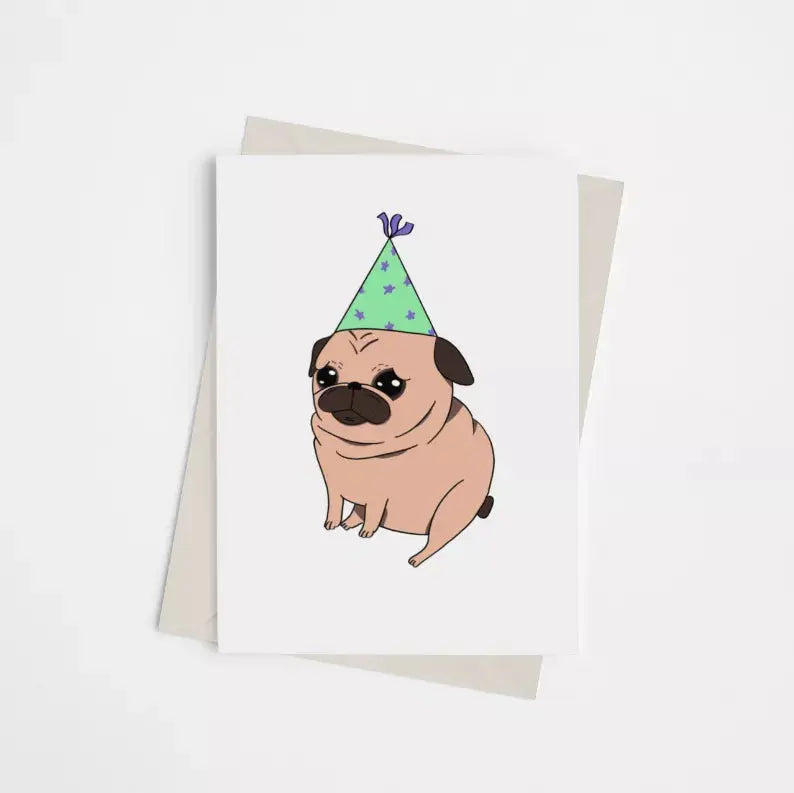 Pug with Party Hat - Greeting Card Black Cat Bazaar