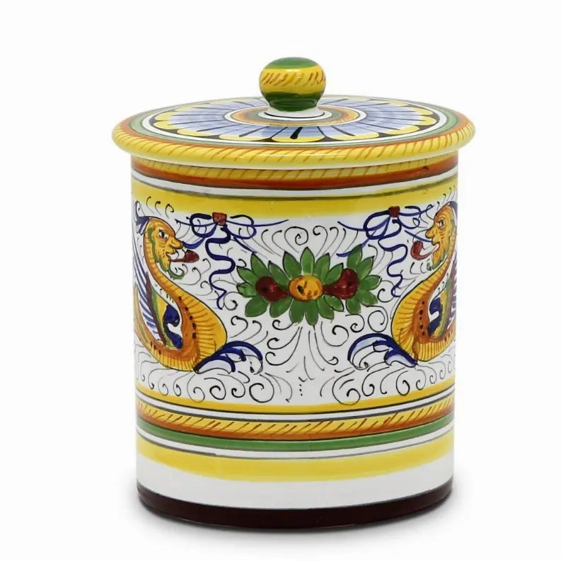 Colorful ceramic storage canister with a lid, featuring vibrant yellow, blue, and green dragon designs.