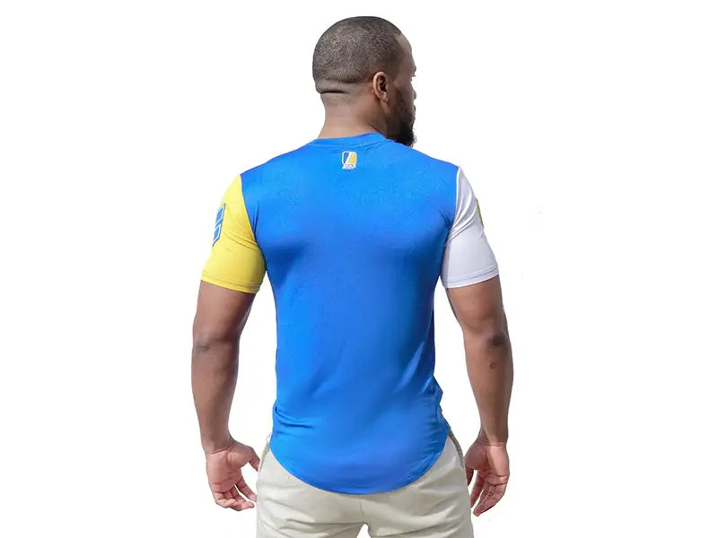 Men's blue and yellow athletic performance shirt, featuring moisture-wicking fabric and a fitted design.