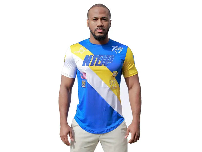 Blue and yellow sporty jersey with diagonal stripes and graphic designs, made from breathable fabric.