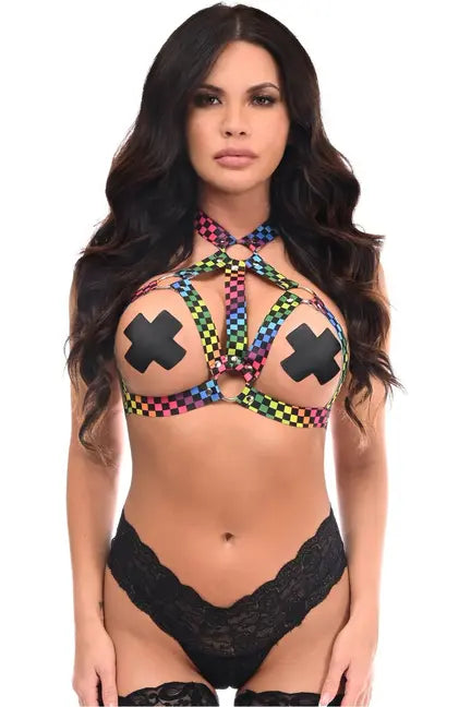 Rainbow Checker Print Stretchy Body Harness w/Silver Hardware Daisy Corsets
