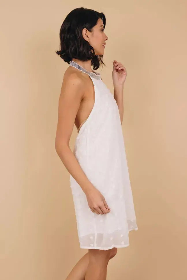 Raquel Sleeveless Pompom Mini Dress Stay Warm in Style