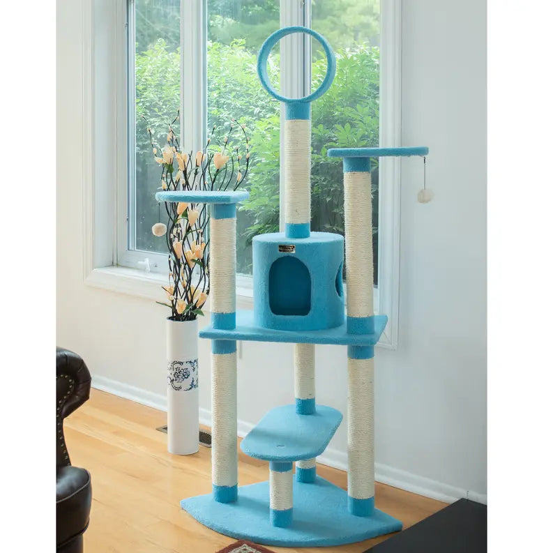 Real Wood 65-Inch Classic Cat Tree In Sky Blue 5-Level Condo AeroMark