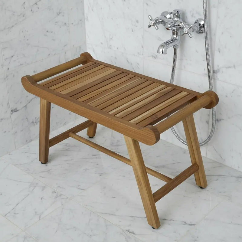 Rectangular Teak Shower Bench With Handles In Natural Finish Homeroots Bed & Bath
