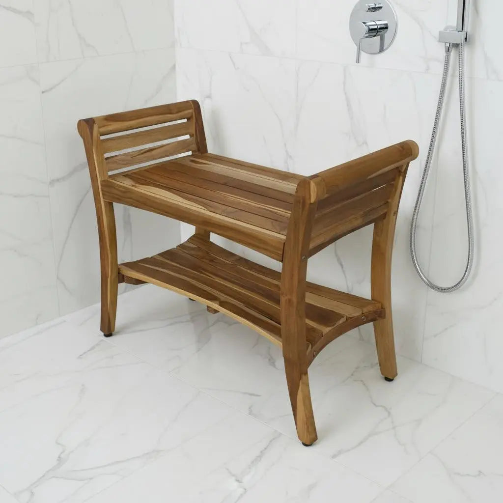 Rectangular Teak Shower Bench With Shelf And Handles In Naturalfinish Homeroots Bed & Bath