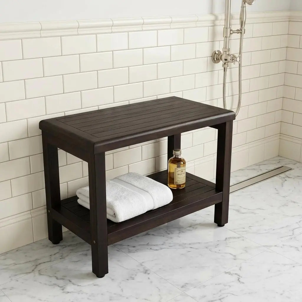 Rectangular Teak Shower Bench With Shelf In Brown Finish Homeroots Bed & Bath