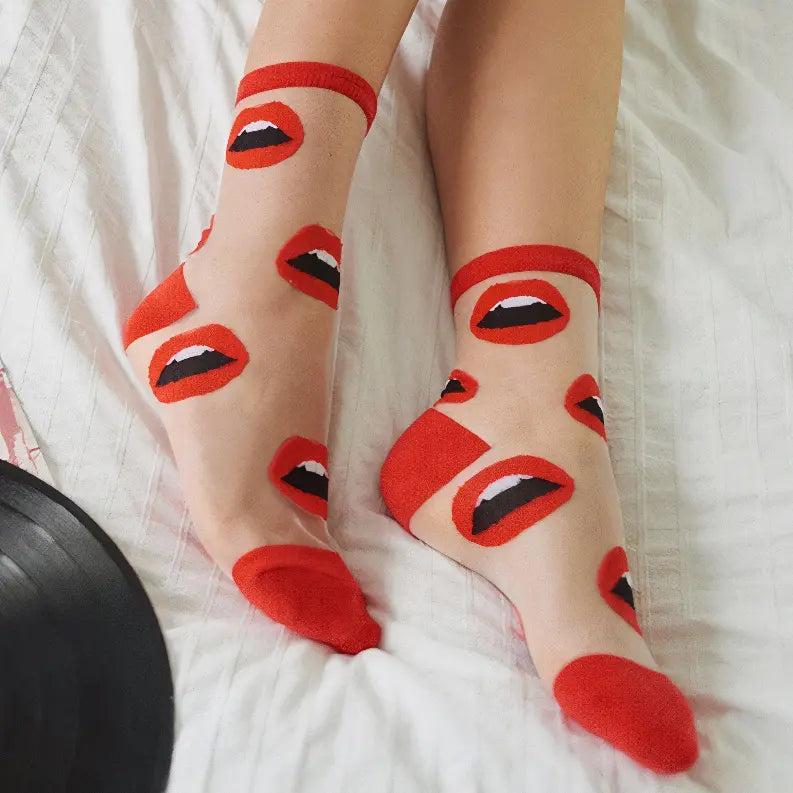 Red Lips Sheer Anklet Socks Cocus Pocus