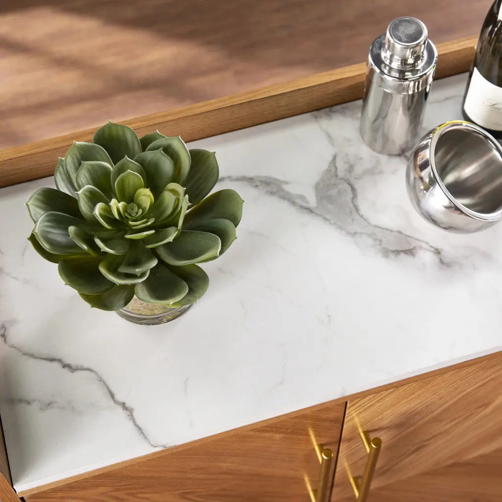Retro Gold Natural and Faux Marble Wine Cabinet Homeroots Kitchen & Dining