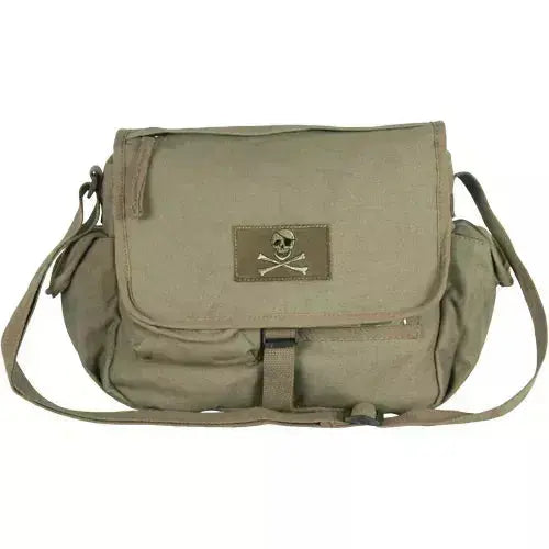 Retro Messenger Bag With Skull Emblem - Olive Drab Fox Outdoor