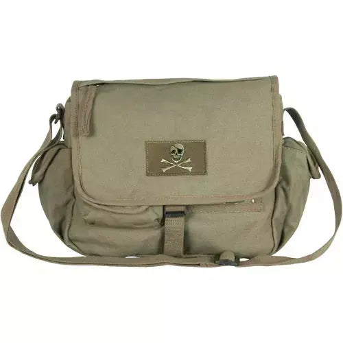 Retro Messenger Bag With Skull Emblem - Olive Drab Fox Outdoor