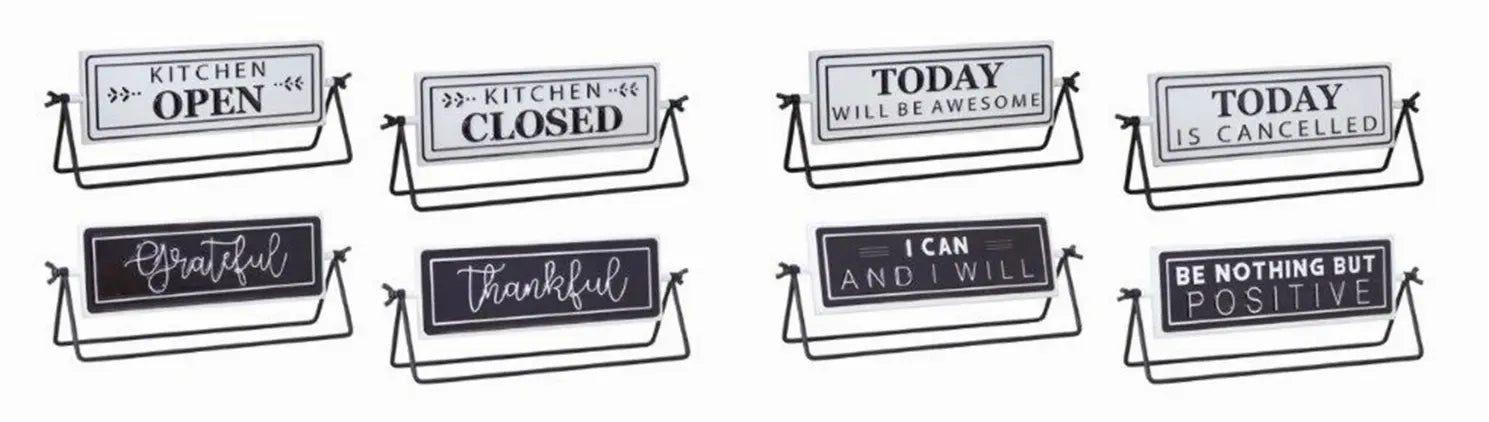 Set of black and white motivational signs with metal stands, featuring phrases like "Kitchen Open" and "Grateful."