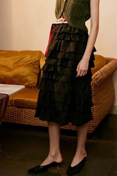 Rimless | Black Layered Tiered Ruffle Skirt Fangyan