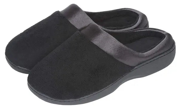 Black plush slippers with satin trim, featuring a cozy, slip-on design for ultimate comfort at home.