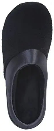 Black suede slip-on slippers with a sleek leather trim, perfect for cozy indoor comfort.