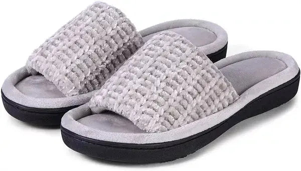 Roxoni Womens Soft Open Toe Slide Slippers, Indoor Outdoor Rubber Sole Roxoni