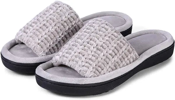 Roxoni Womens Soft Open Toe Slide Slippers, Indoor Outdoor Rubber Sole Roxoni
