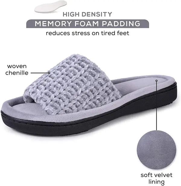 Roxoni Womens Soft Open Toe Slide Slippers, Indoor Outdoor Rubber Sole Roxoni