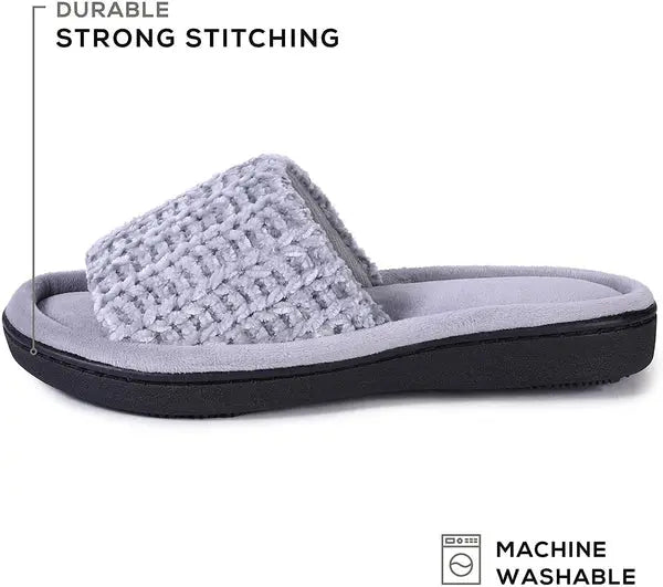 Roxoni Womens Soft Open Toe Slide Slippers, Indoor Outdoor Rubber Sole Roxoni