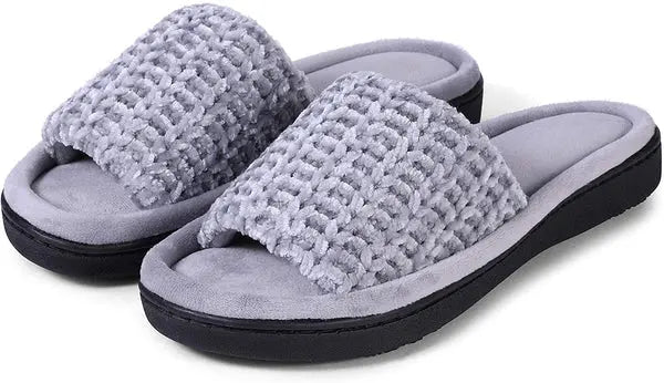 Roxoni Womens Soft Open Toe Slide Slippers, Indoor Outdoor Rubber Sole Roxoni