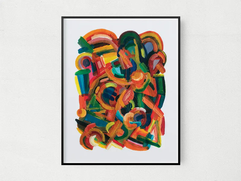 Vibrant abstract art print featuring bold colors like red, green, and yellow, framed in sleek black.