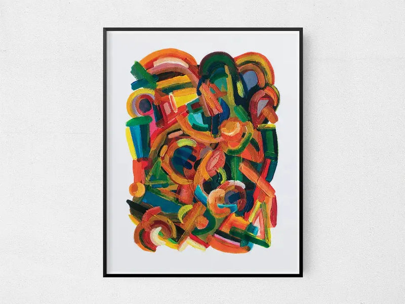Colorful abstract art print featuring vibrant reds, greens, and yellows in bold brush strokes, framed in black.