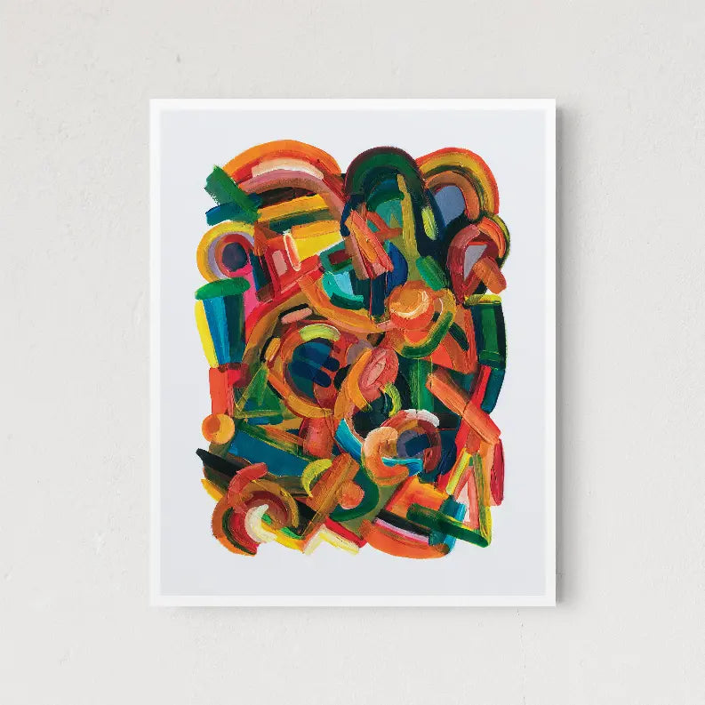 Vibrant abstract art print featuring bold reds, greens, yellows, and blues on a textured white background.
