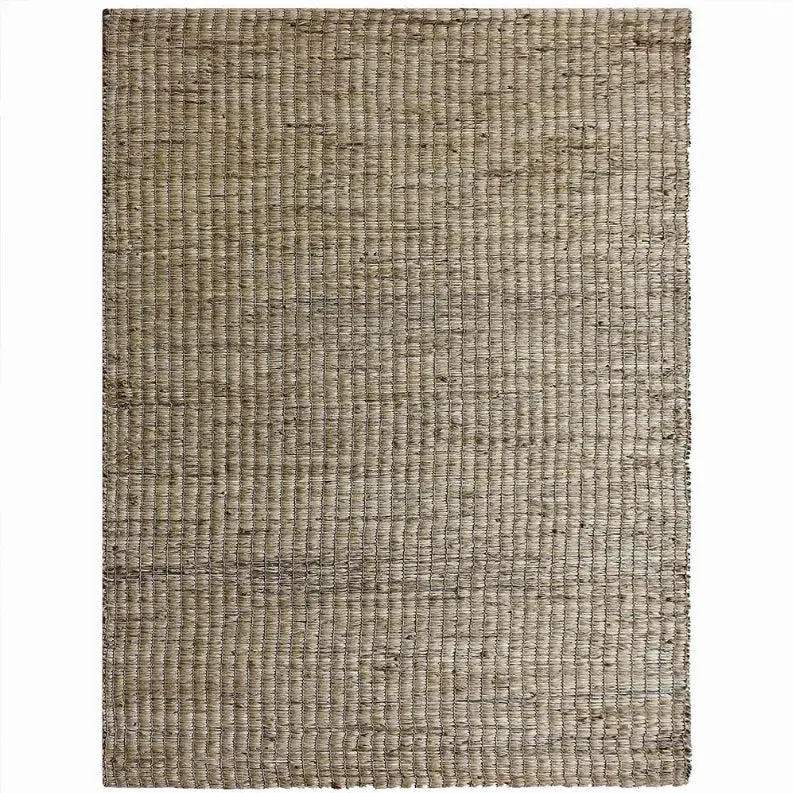 Natural woven jute area rug in beige, featuring a textured, rustic design perfect for any room decor.