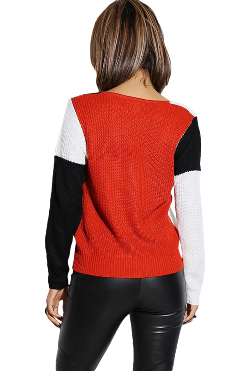 Rust Red/Black Color Block Sweater Knit Cardigan SurelyMine