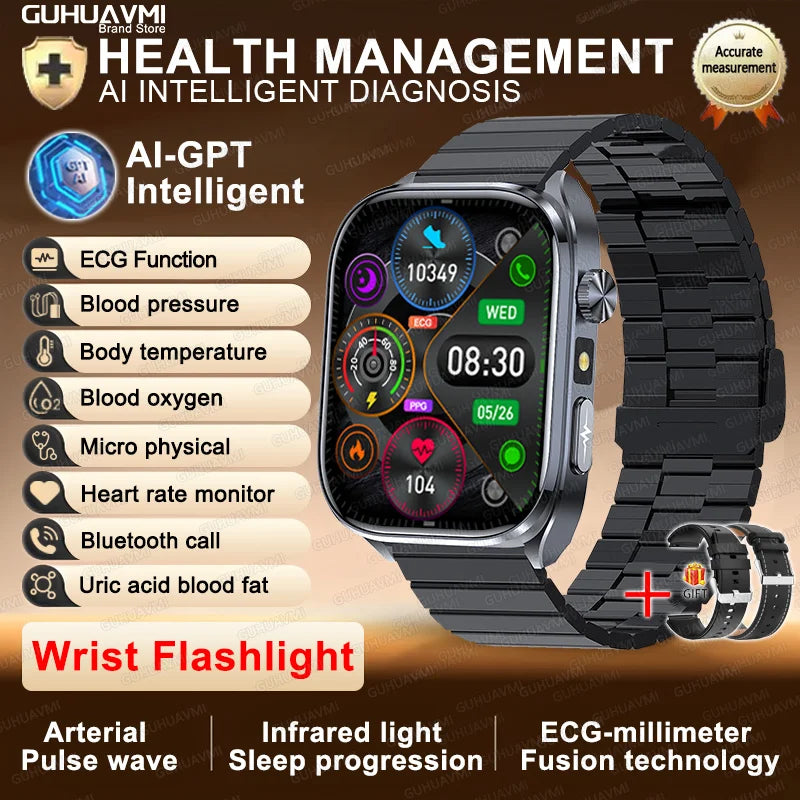 New Accurate Blood Pressure Smart Watch Uric Acid ECG+PPG Blood Oxygen Body Analysis Body Fat LED Flashlight smart watches 2025 Black Steel B 2A Heart Health Watch CHINA