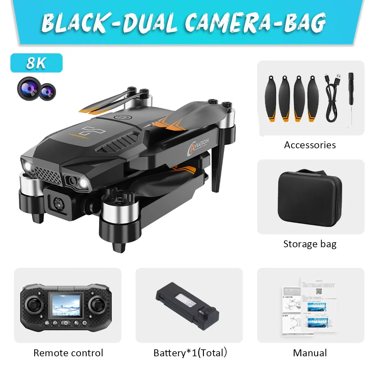New F198 Drone Professional Dual Camera With 1080P WIFI FPV HD Aerial Photography Wide Angle Brushless RC Foldable Quadcopter BlackPro-DC-8K-1B