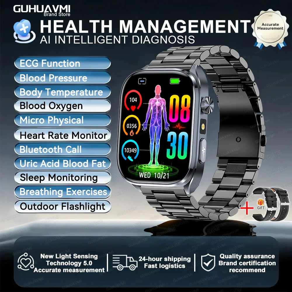Body Composition analysis Monitoring Smart Watch Men ECG Heart Rate Blood pressure Uric Acid Health Tracker Smartwatches 2025New Black Steel 2 Sports Health Watch
