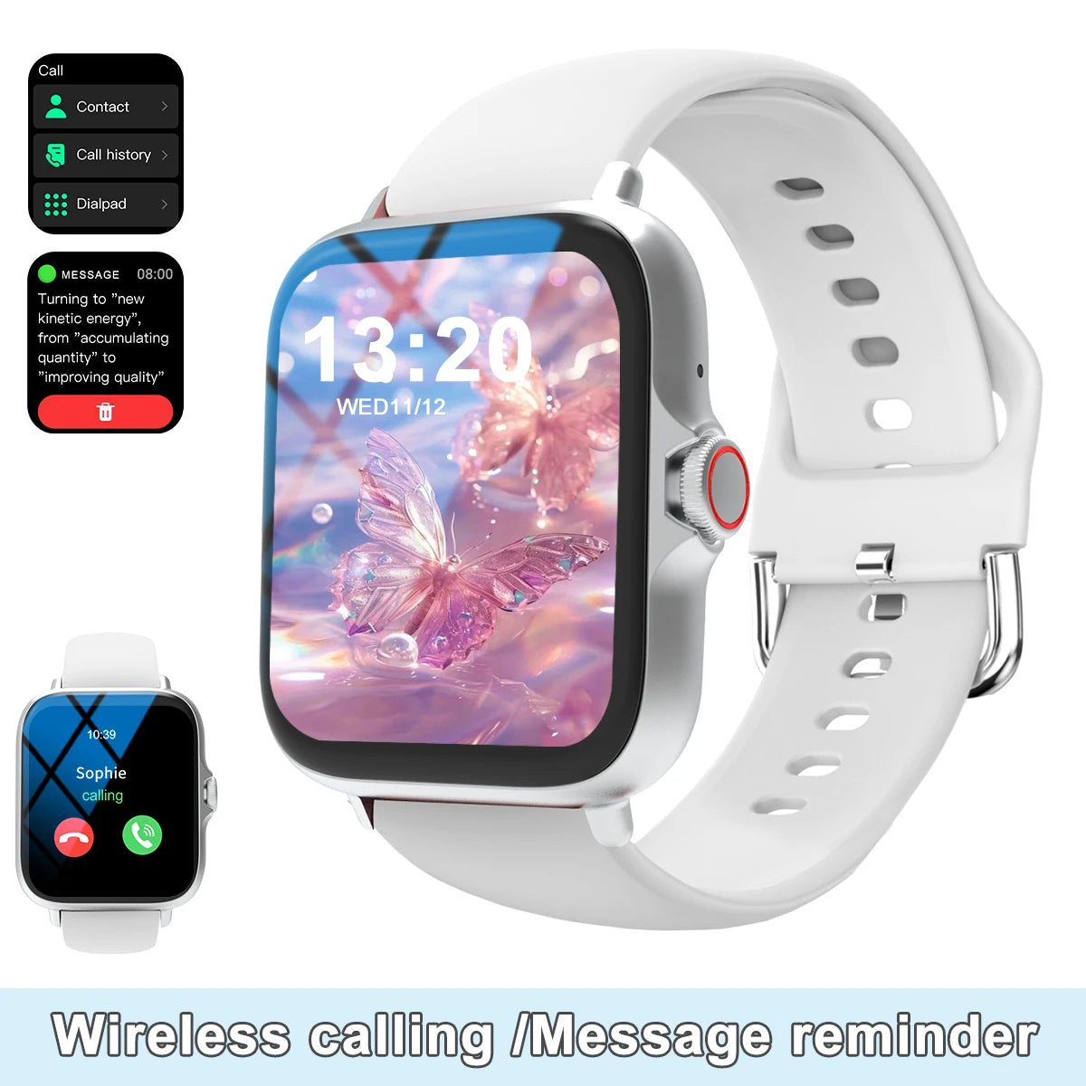 Smart watch with full touch screen, call, message reminder, music control and other functions, compatible with iPhone/android mo Silver