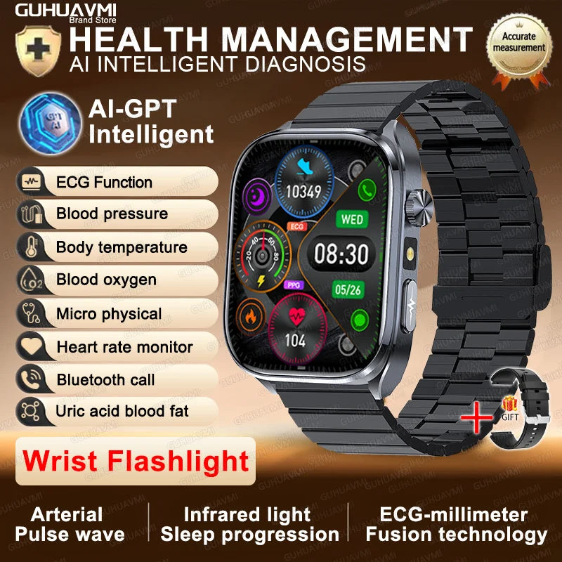 New Accurate Blood Pressure Smart Watch Uric Acid ECG+PPG Blood Oxygen Body Analysis Body Fat LED Flashlight smart watches 2025 Black Steel B Heart Health Watch CHINA