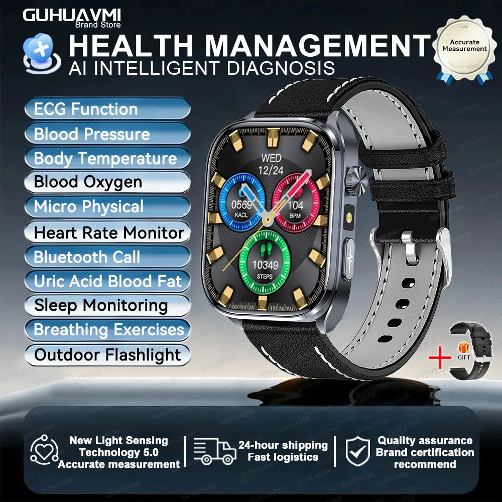 Body Composition analysis Monitoring Smart Watch Men ECG Heart Rate Blood pressure Uric Acid Health Tracker Smartwatches 2025New Starlight Leather Sports Health Watch