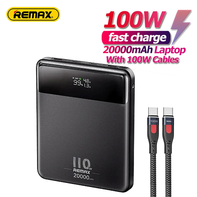 Remax 110W Power Bank 20000mAh Fast Charge Type C USB A Large Battery For Mobile Phone Macbook Laptops With 100W Type C Cable