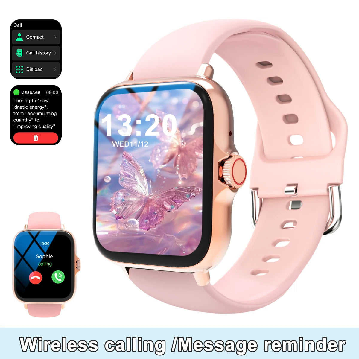 Smart watch with full touch screen, call, message reminder, music control and other functions, compatible with iPhone/android mo pink